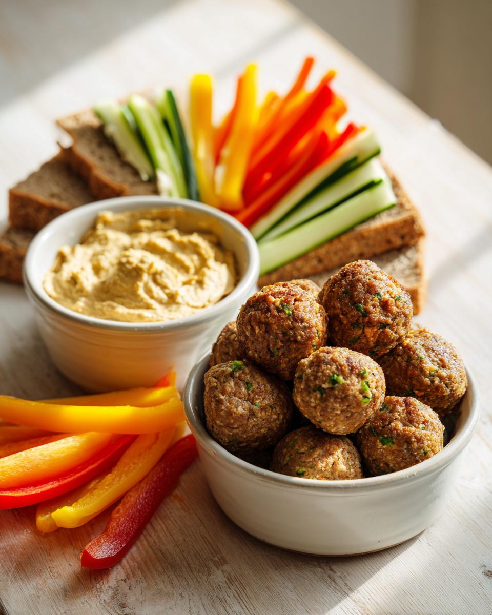 A bowl of savory meatballs served with hummus, vegetable sticks, and whole-grain bread slices, perfect for Easy Healthy Snack Ideas.