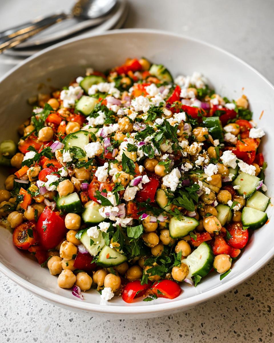 A vibrant bowl of Mediterranean Chickpea Salad featuring chickpeas, cucumber, tomatoes, red onion, and feta cheese.