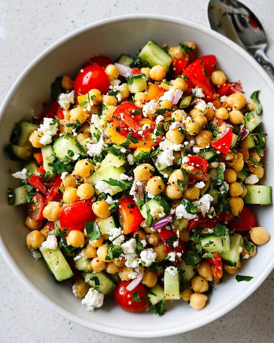 Close-up of a fresh Mediterranean Chickpea Salad featuring chickpeas, cucumber, tomatoes, feta, and herbs.