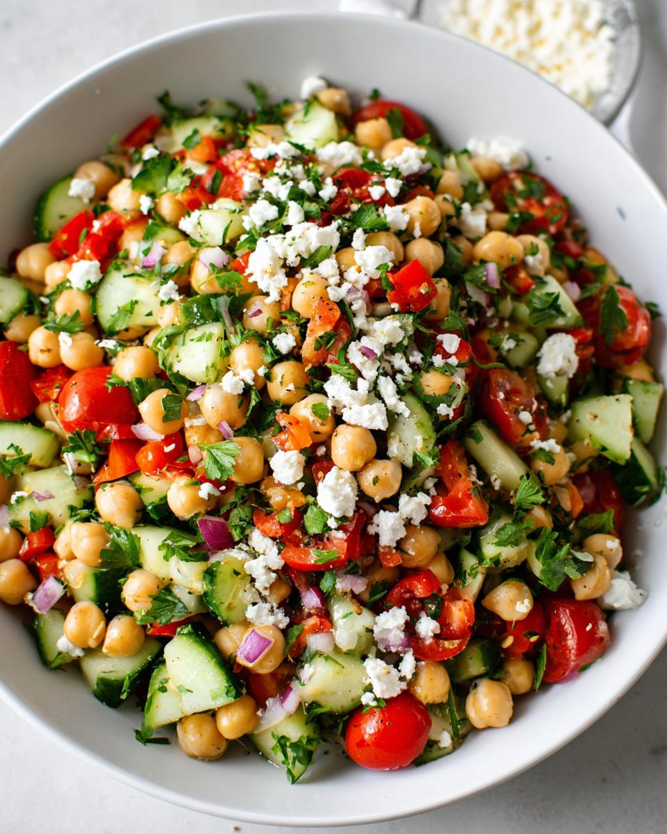 A vibrant bowl of Mediterranean Chickpea Salad featuring chickpeas, cucumbers, tomatoes, red onion, and crumbled feta cheese.