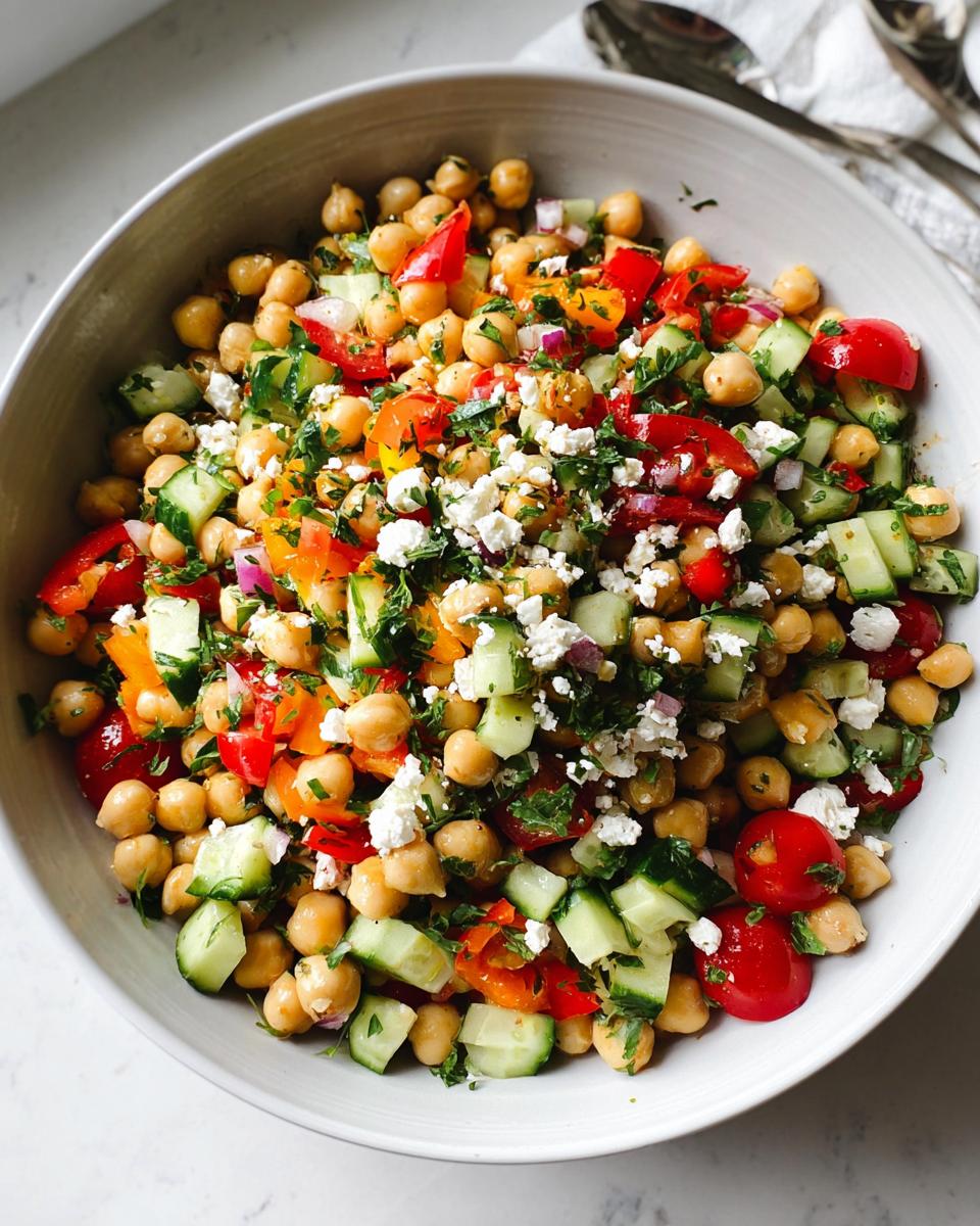 Overhead view of a fresh Mediterranean Chickpea Salad featuring chickpeas, cucumbers, tomatoes, peppers, and feta cheese.