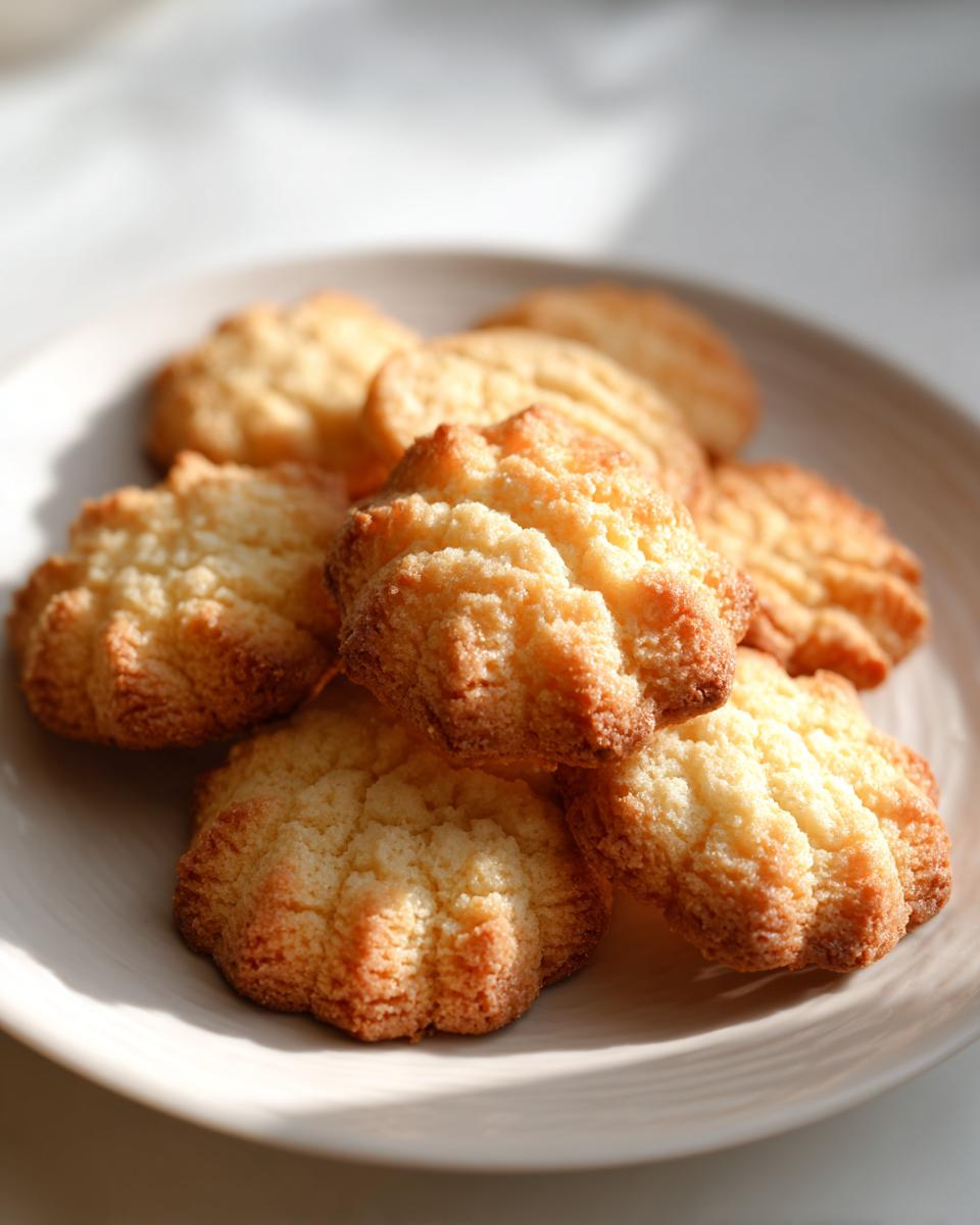 A close-up of golden-brown Melt-in-Your-Mouth Shortbread cookies piled on a white plate.