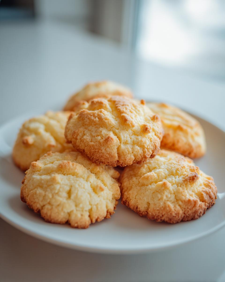A close-up of a pile of golden-brown, melt-in-your-mouth shortbread cookies on a white plate.