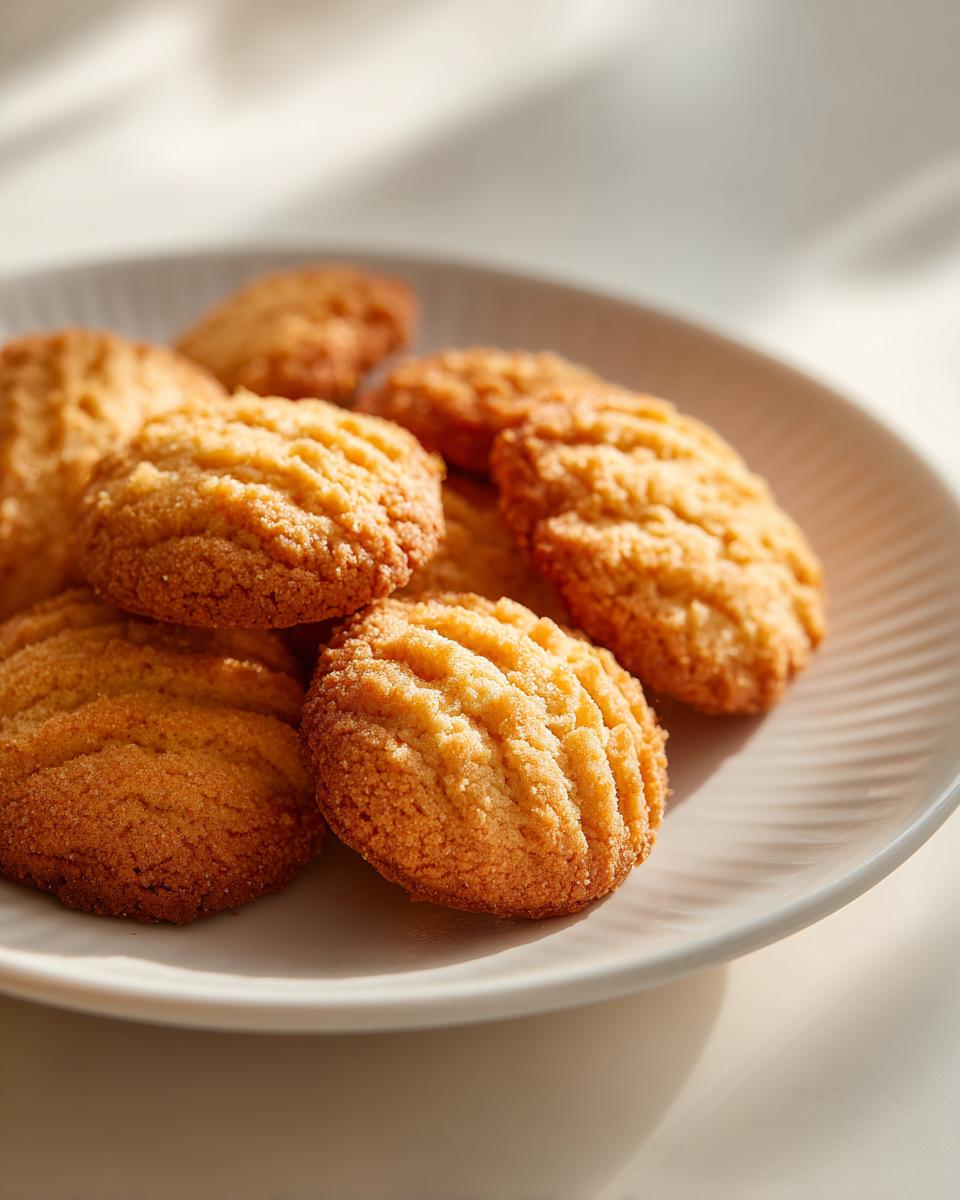 A close-up of golden brown Melt-in-Your-Mouth Shortbread cookies piled on a white plate, with textured ridges on top.