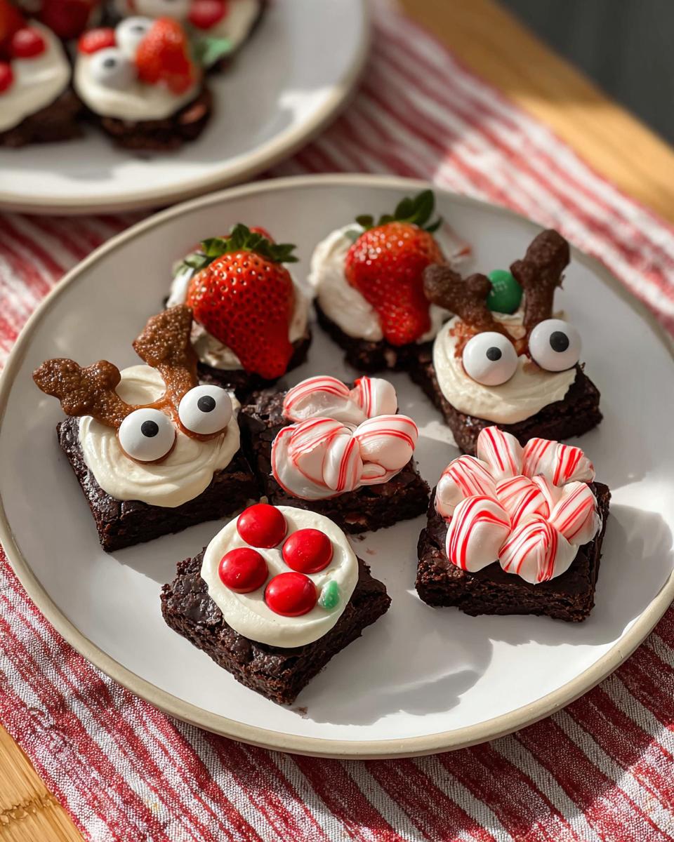 A plate of assorted Mini Christmas Brownie Bites decorated with frosting, candy canes, strawberries, and edible eyes.