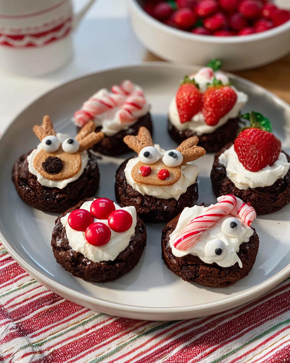 A plate of assorted Mini Christmas Brownie Bites, including reindeer, strawberry, and candy cane designs.