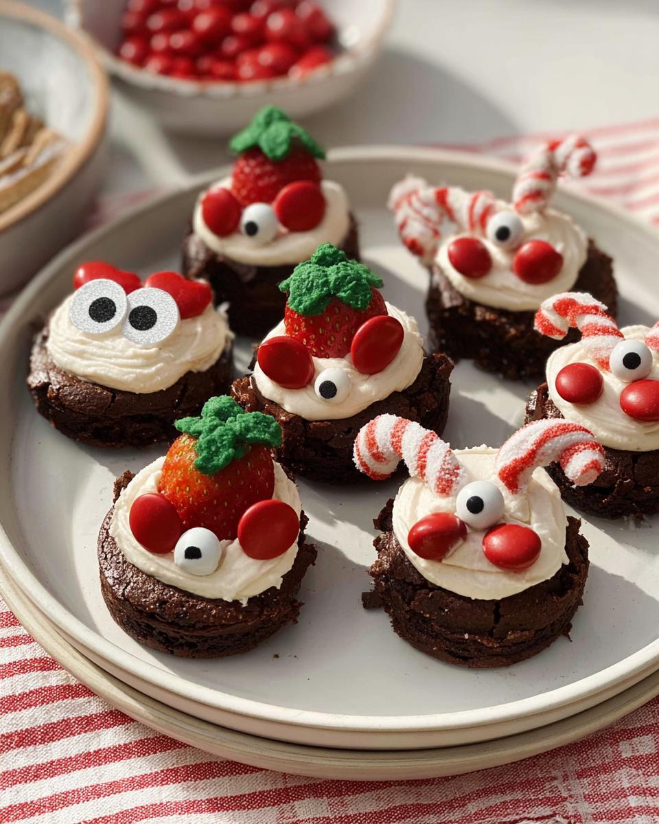 A plate of festive Mini Christmas Brownie Bites decorated with frosting, candy eyes, and red candies, some with strawberry tops and others with candy cane antlers.