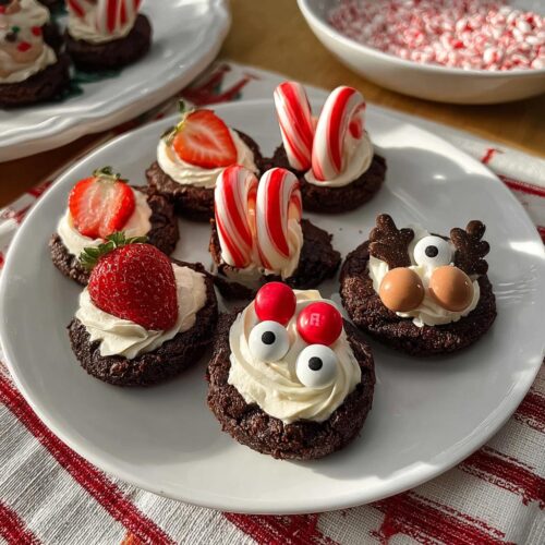 A plate of assorted Mini Christmas Brownie Bites, including strawberry, candy cane, and reindeer designs.