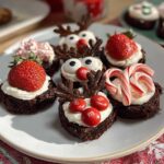 A plate of assorted Mini Christmas Brownie Bites, decorated as reindeer, with strawberries, and candy canes.