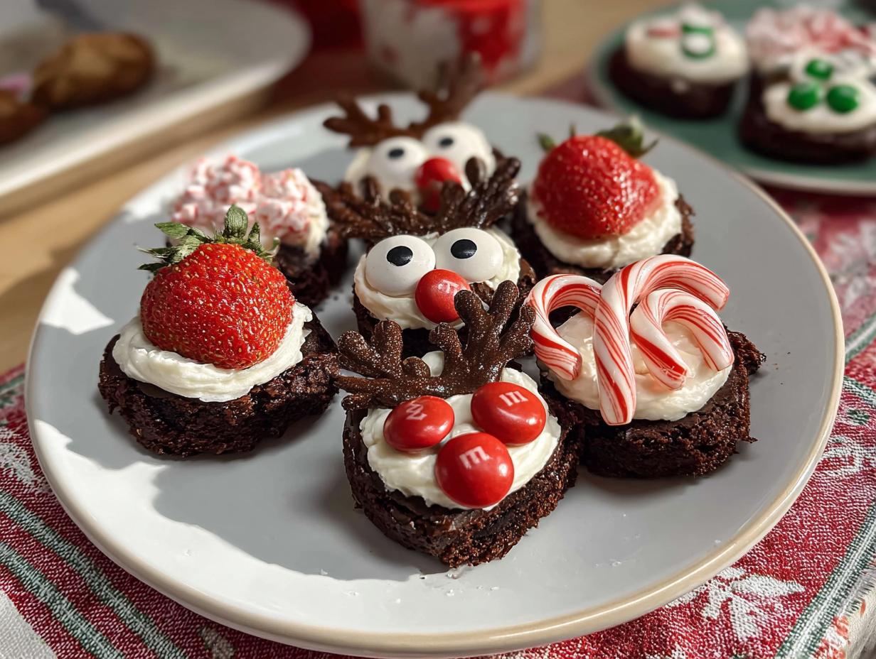 A plate of assorted Mini Christmas Brownie Bites, decorated as reindeer, with strawberries, and candy canes.