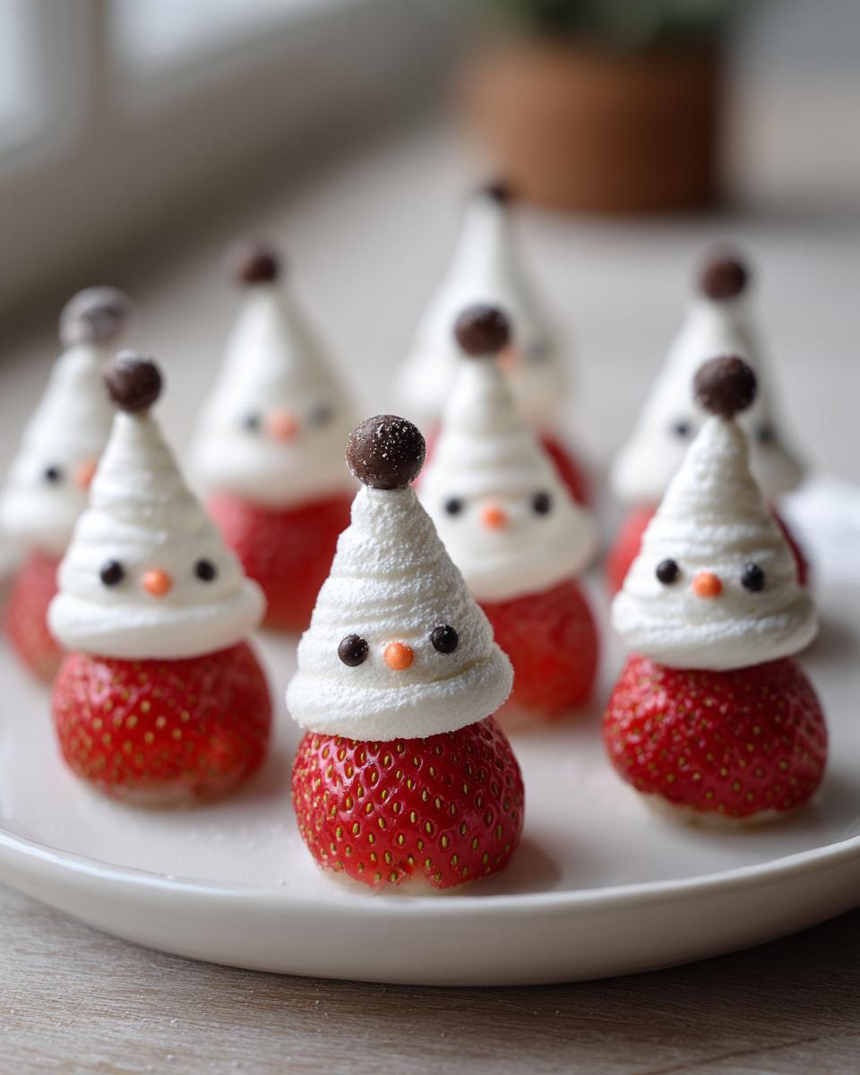 Adorable Mini Strawberry Santas for Kids, made with fresh strawberries, whipped cream, and chocolate chip details.
