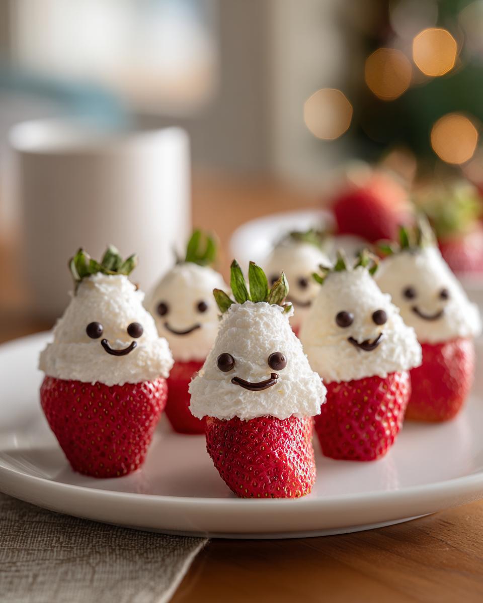 Adorable Mini Strawberry Santas for Kids, decorated with whipped cream, chocolate chip eyes, and a smile.