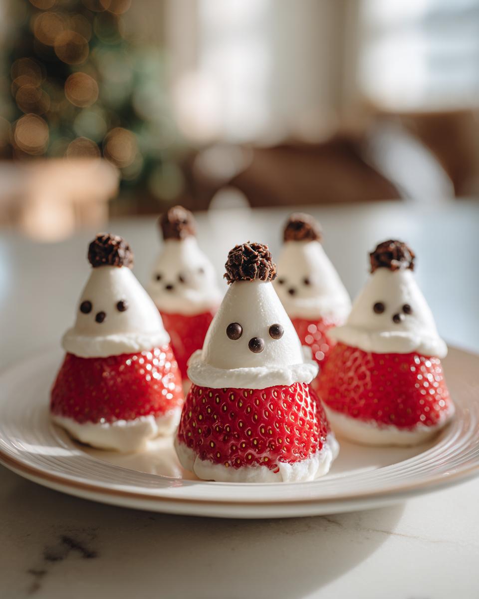 Close-up of adorable Mini Strawberry Santas for Kids, made with strawberries, cream, and chocolate chip faces.