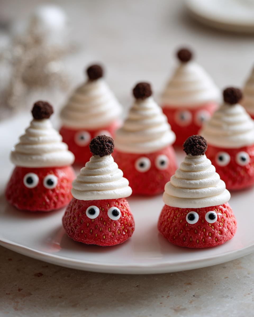 Close-up of several adorable Mini Strawberry Santas for Kids, made with strawberries, cream, and candy eyes.