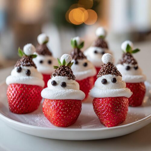 Close-up of adorable Mini Strawberry Santas for Kids, made with strawberries, cream, and chocolate sprinkles.