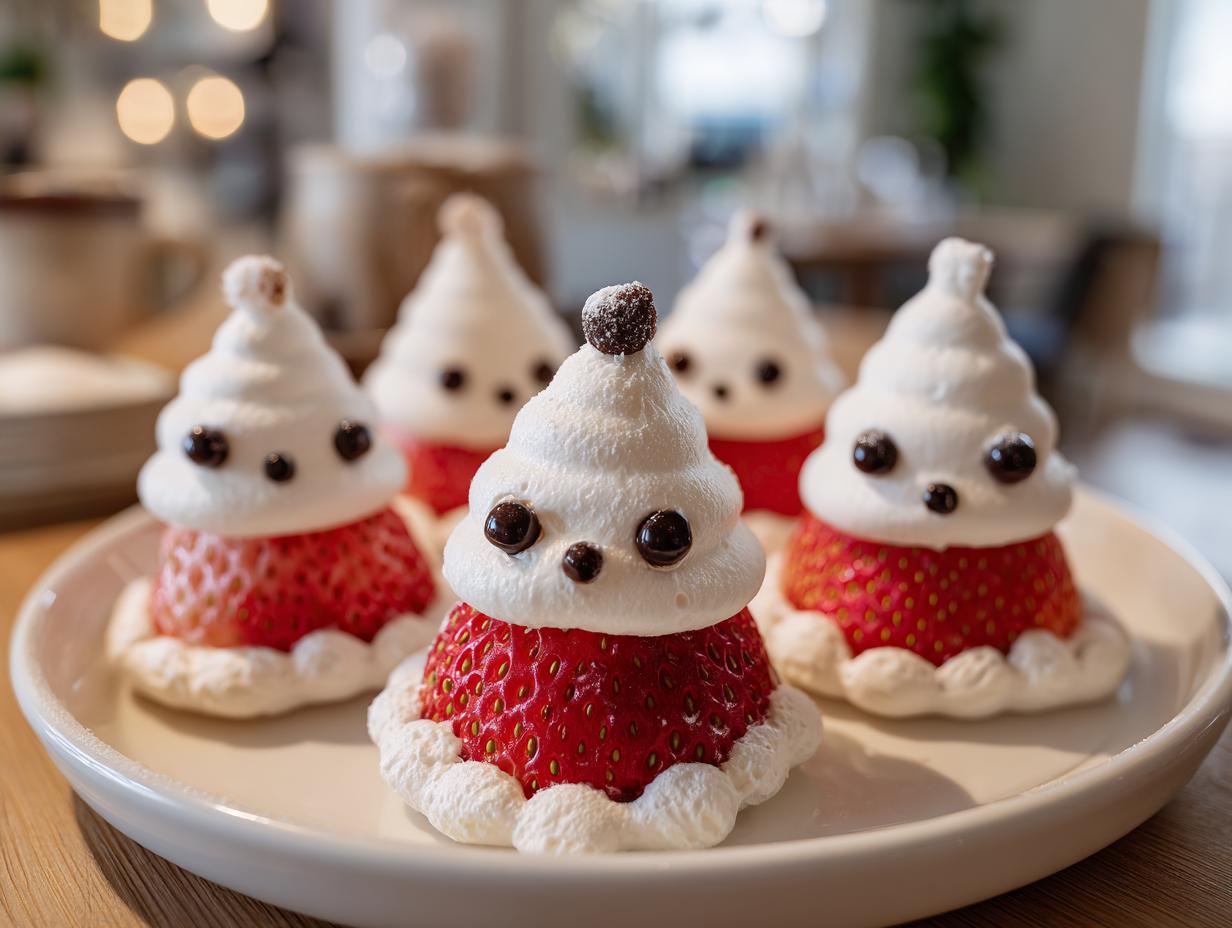 Close-up of adorable Mini Strawberry Santas for Kids, made with strawberries and whipped cream, on a white plate.