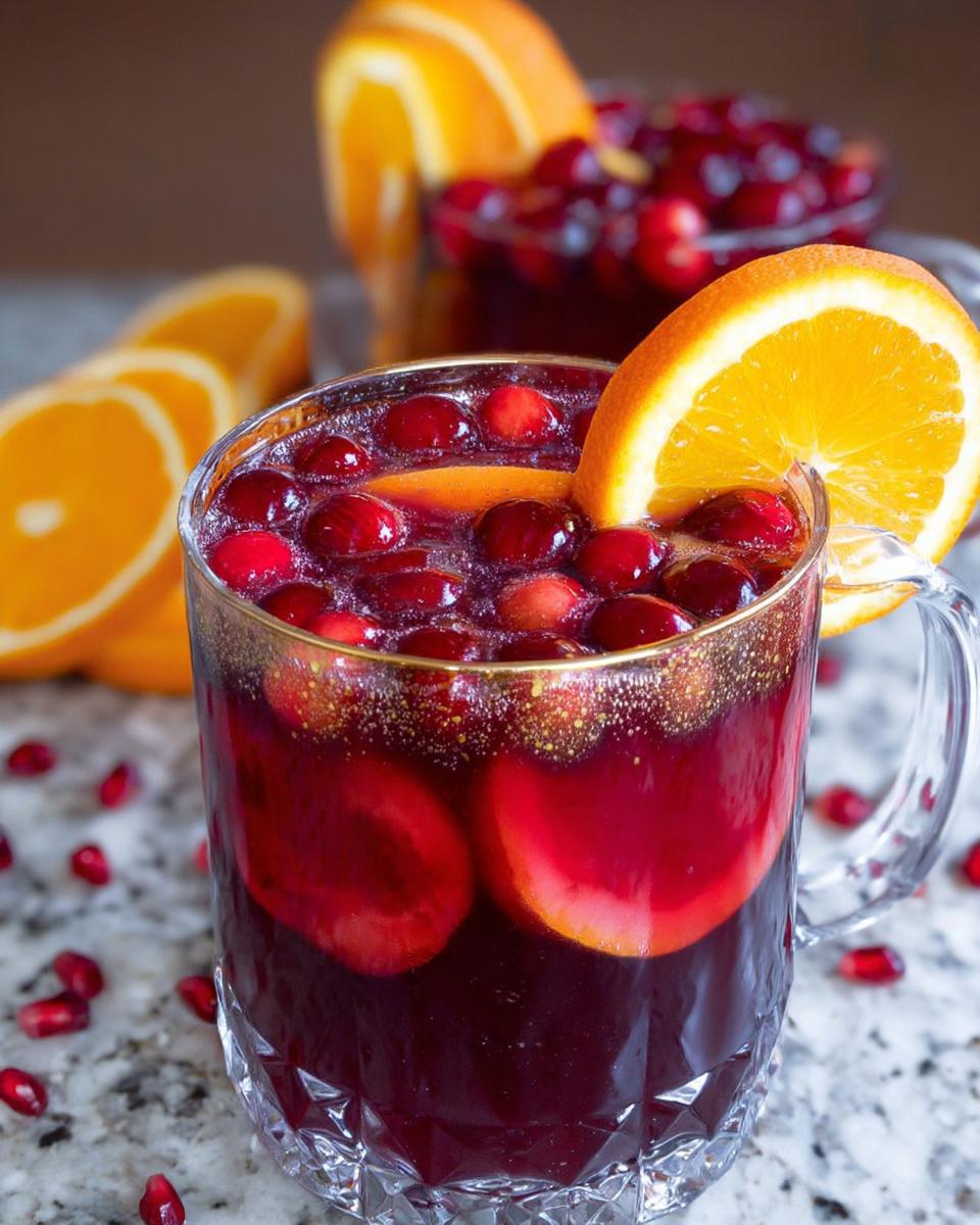Close-up of a festive Non Alcoholic Christmas Punch in a glass mug, garnished with fresh cranberries and an orange slice.