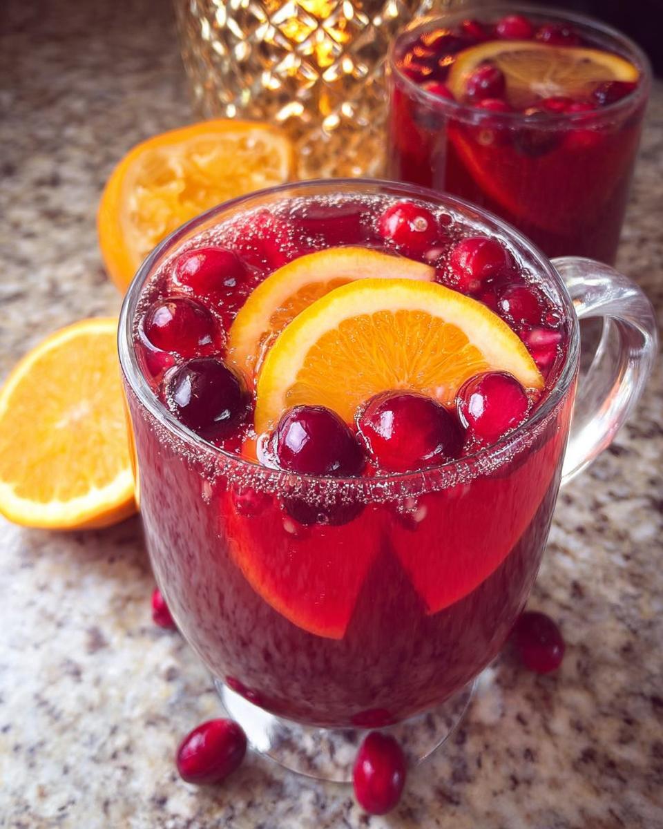 Close-up of a glass mug filled with Non Alcoholic Christmas Punch garnished with orange slices and fresh cranberries.