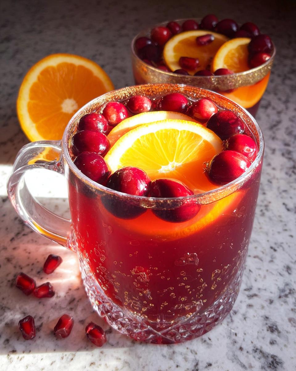 Close-up of a festive Non Alcoholic Christmas Punch garnished with fresh cranberries and an orange slice.