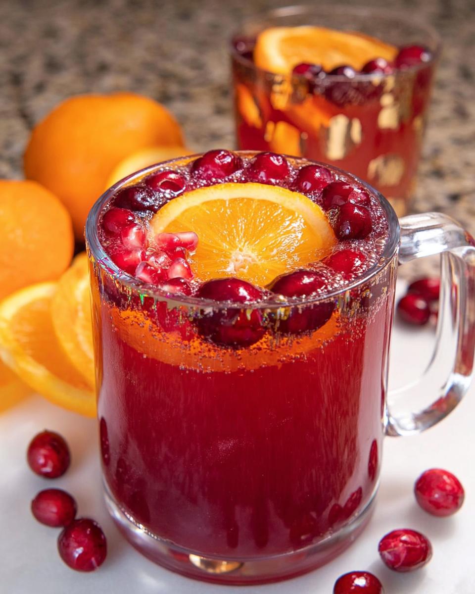 Close-up of a glass mug filled with vibrant red Non Alcoholic Christmas Punch, garnished with an orange slice and cranberries.