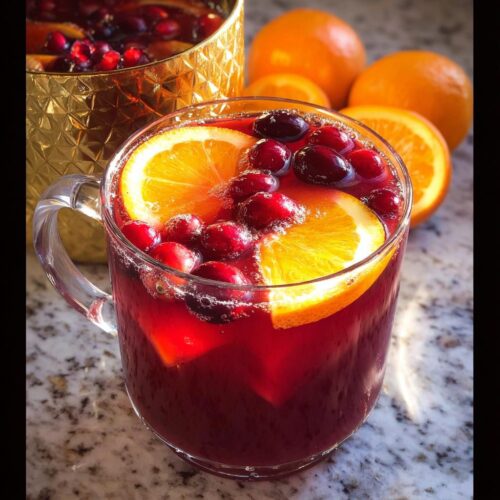 Close-up of a glass mug filled with Non Alcoholic Christmas Punch, garnished with orange slices and fresh cranberries.