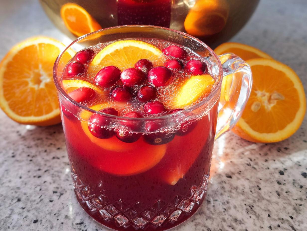 Close-up of a glass filled with Non Alcoholic Christmas Punch, garnished with floating cranberries and orange slices.