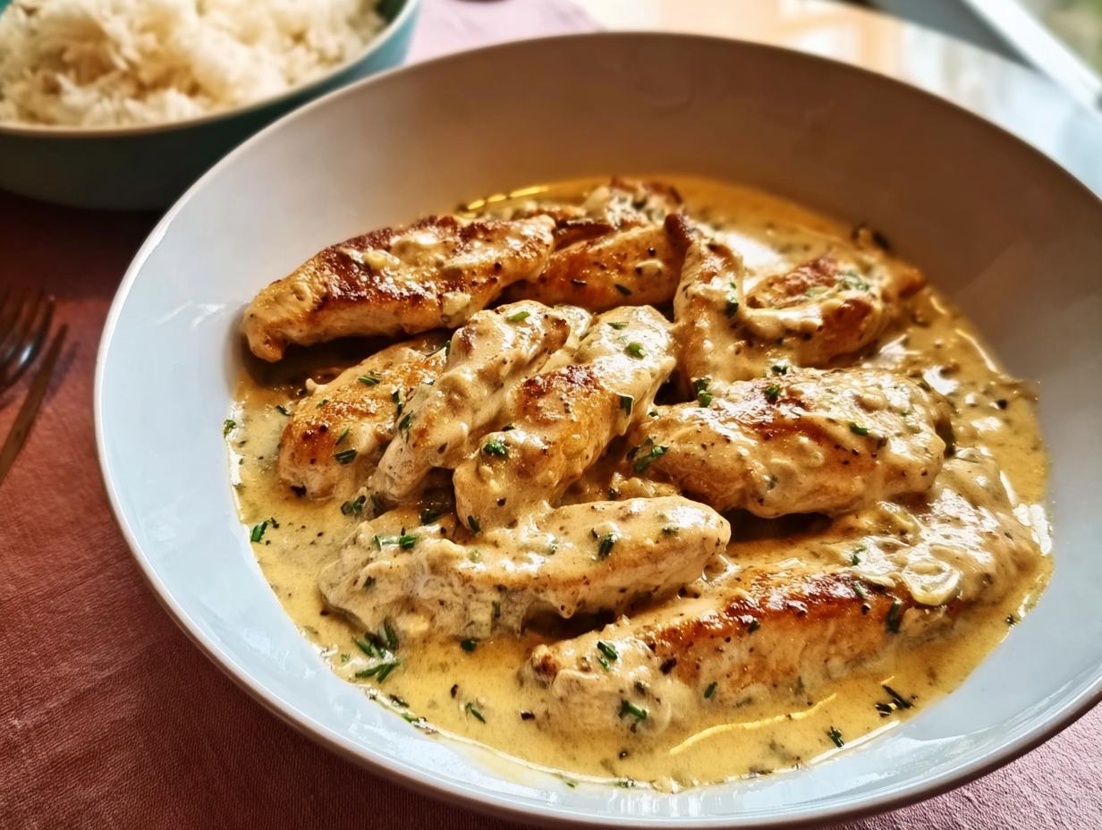 Close-up of golden-brown chicken tenders smothered in a creamy, garlic sauce, served in a white bowl next to rice.