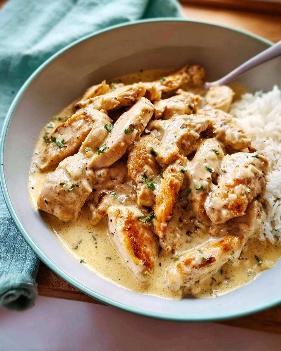 Close-up of sliced One-Pan Garlic Chicken pieces coated in a creamy sauce, served over white rice in a bowl.