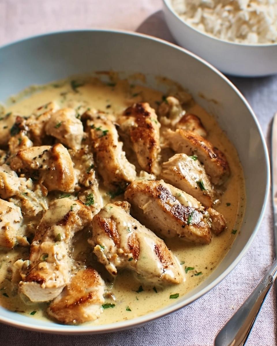 Close-up of seared chicken pieces coated in a creamy garlic sauce, part of the One-Pan Garlic Chicken recipe.