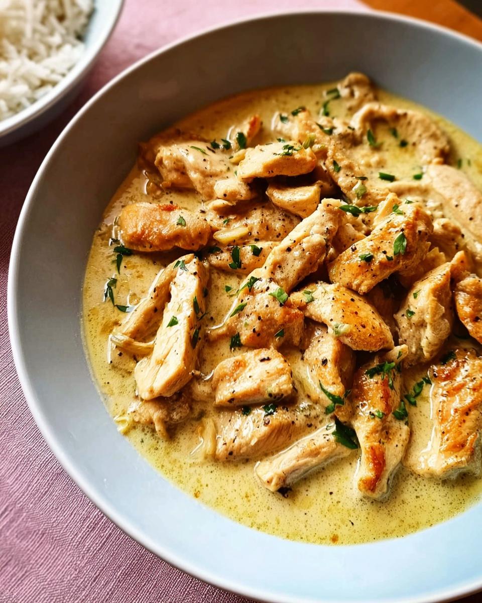 Close-up of sliced chicken pieces coated in a creamy garlic sauce, garnished with parsley, part of the One-Pan Garlic Chicken recipe.