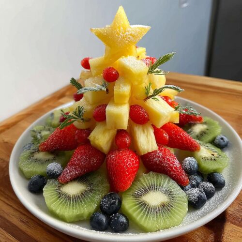 A stunning Pineapple Christmas Tree Platter decorated with strawberries, blueberries, kiwi, and a pineapple star on top.
