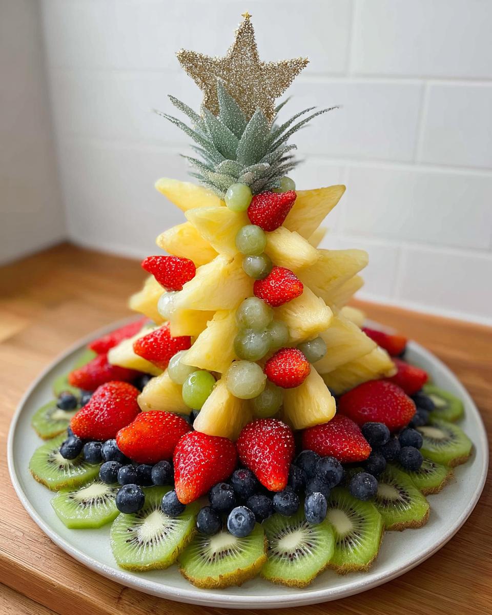 A stunning Pineapple Christmas Tree Platter decorated with pineapple slices, strawberries, grapes, blueberries, and kiwi.
