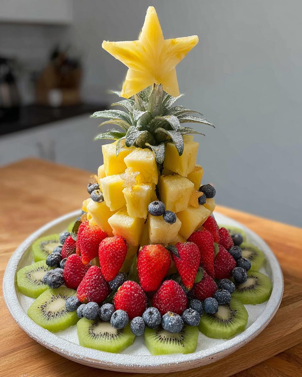 A festive Pineapple Christmas Tree Platter decorated with strawberries, blueberries, kiwi slices, and a pineapple star.