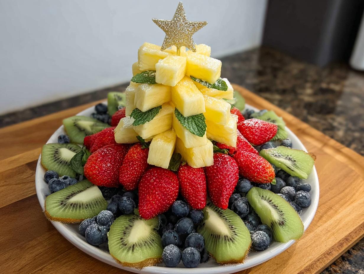 A festive Pineapple Christmas Tree Platter featuring pineapple chunks, strawberries, blueberries, and kiwi slices, topped with a star.