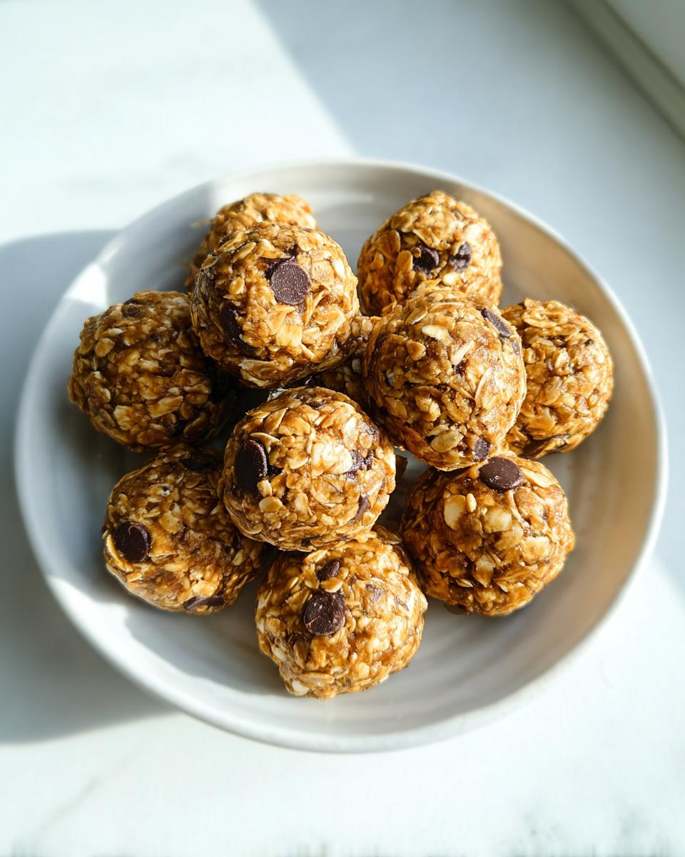 A bowl filled with several homemade Healthy Energy Bites made with oats and visible chocolate chips.