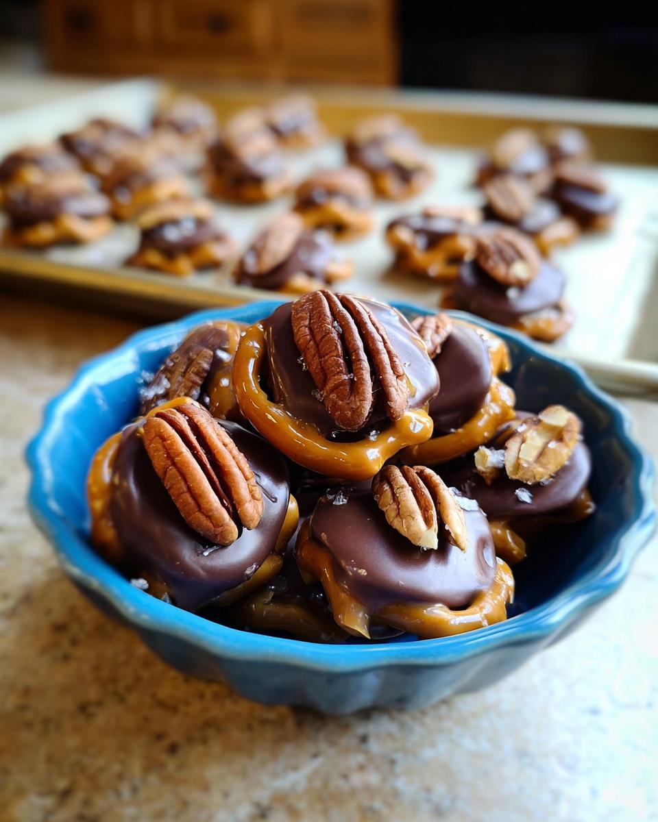 Close-up of Pretzel Turtles Christmas Edition treats in a blue bowl, topped with pecans and chocolate.