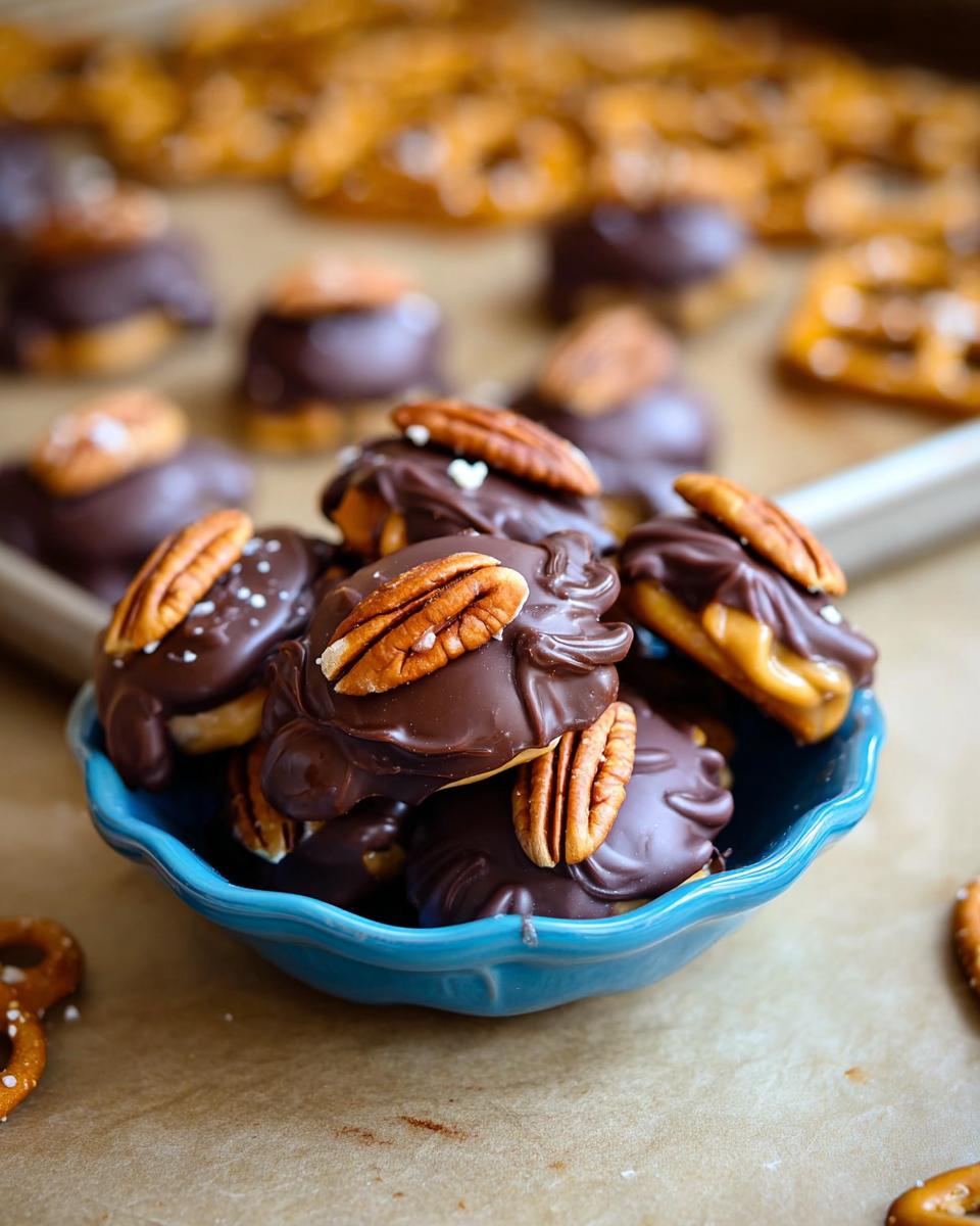 A close-up of Pretzel Turtles Christmas Edition, featuring chocolate-covered pretzels with caramel and pecans, piled in a blue bowl.