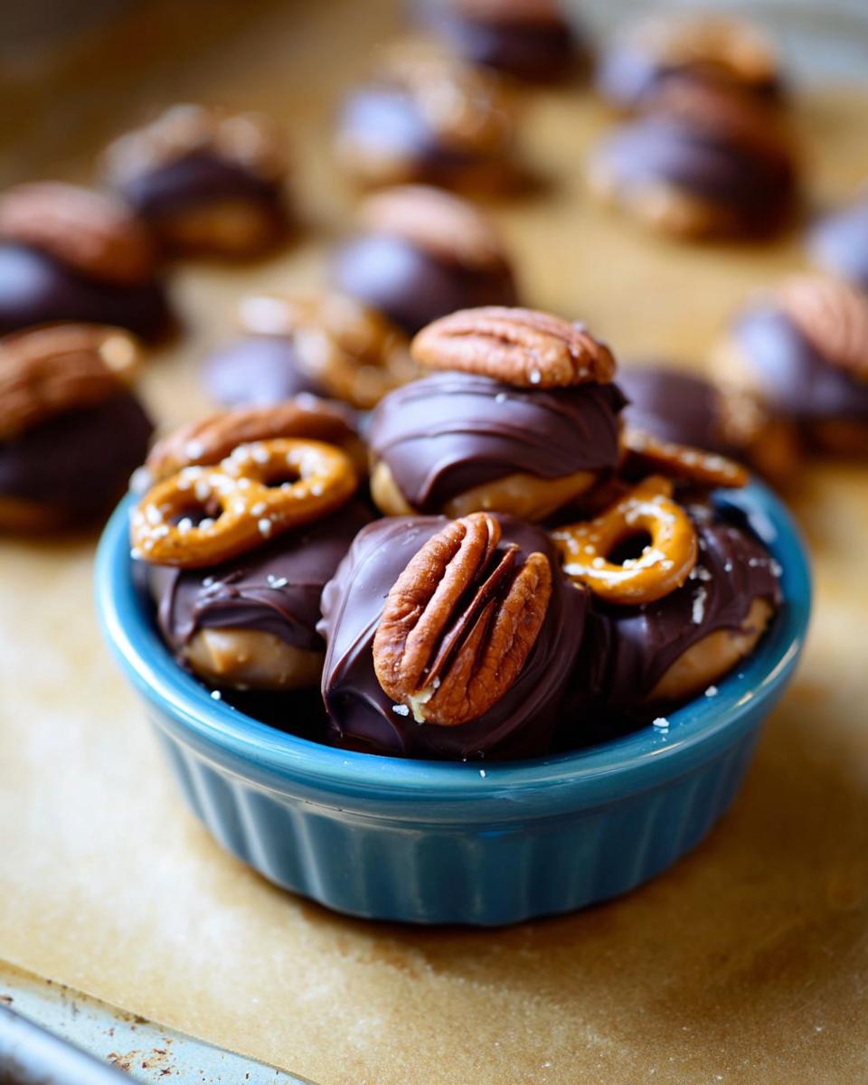 A close-up of Pretzel Turtles Christmas Edition candies in a blue bowl, topped with pecans and chocolate.