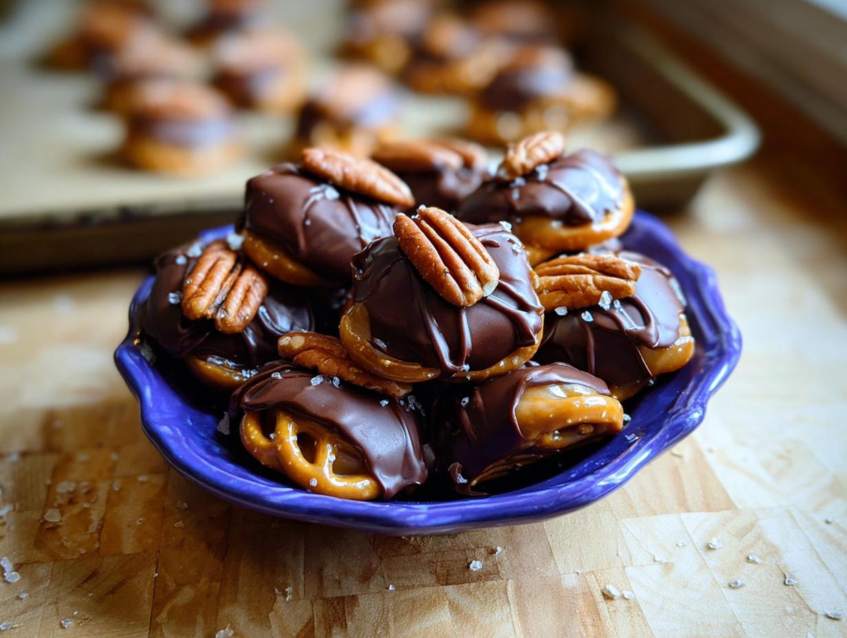 A pile of Pretzel Turtles Christmas Edition treats, covered in chocolate and topped with pecans and sea salt.