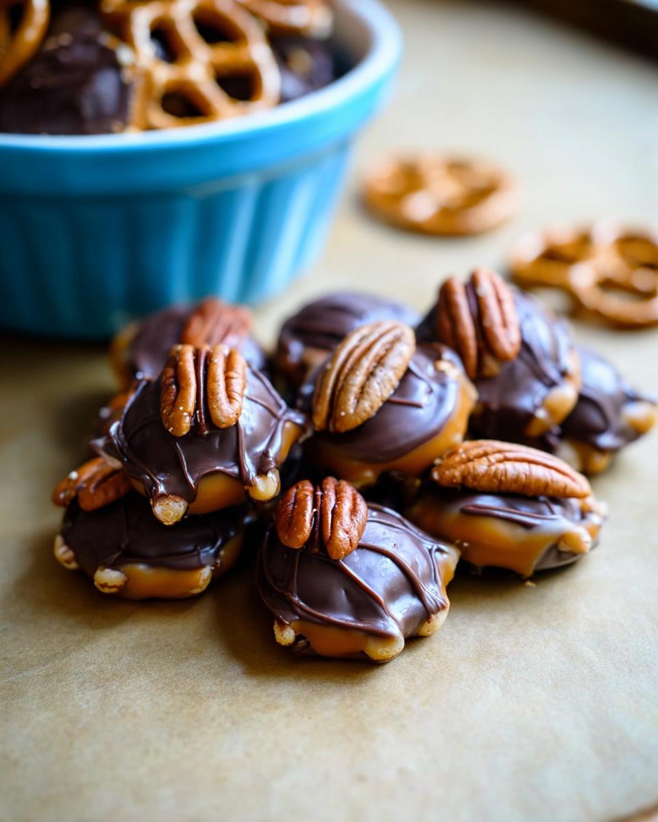 A pile of Pretzel Turtles Christmas Edition treats, topped with chocolate and pecans, with more in a blue bowl.