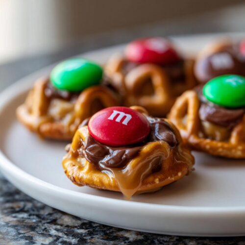Close-up of Rolo Christmas Candy Bites made with pretzels, caramel, chocolate, and M&Ms on a white plate.