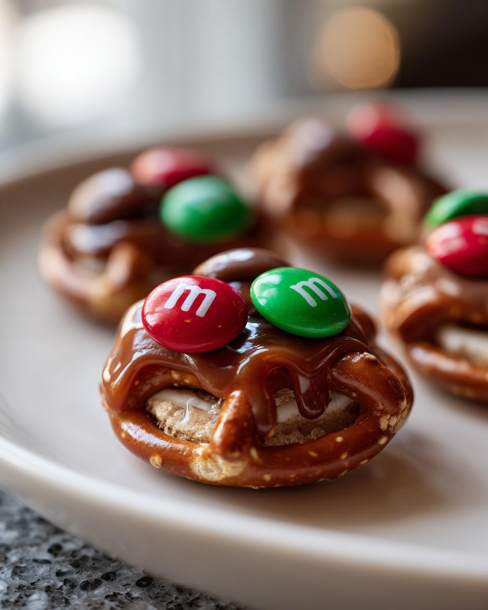 Close-up of Rolo Christmas Candy Bites on a plate, featuring pretzels, caramel, and M&Ms.