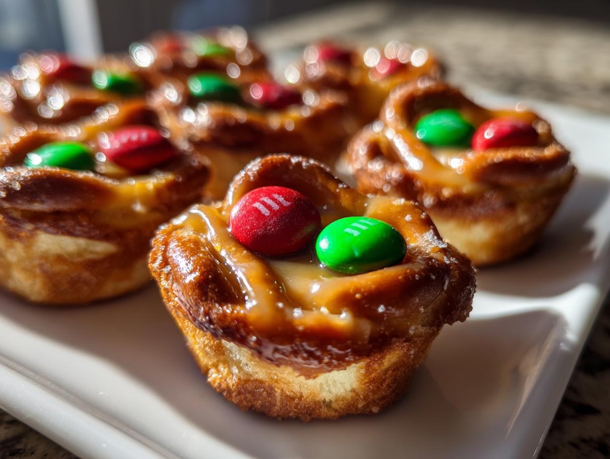 Close-up of Rolo Christmas Candy Bites topped with red and green M&Ms and drizzled with caramel.