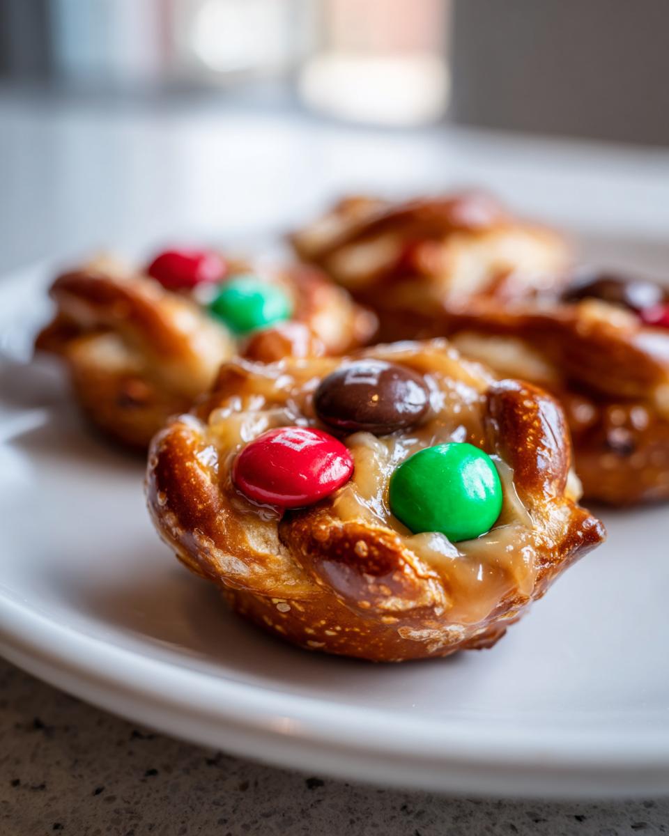 Close-up of Rolo Christmas Candy Bites on a white plate, featuring pretzels topped with caramel, Rolo candies, and M&Ms.