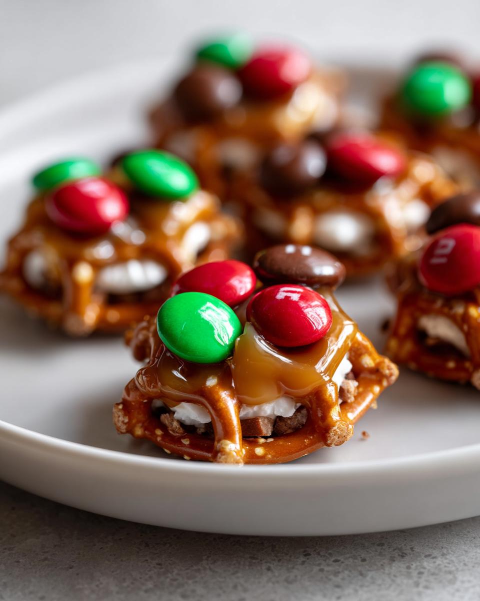Close-up of Rolo Christmas Candy Bites made with pretzels, marshmallows, caramel, and M&Ms.