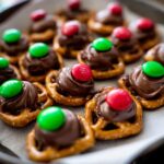 Close-up of Rolo Pretzel Bites with M&Ms, a quick and easy holiday treat.