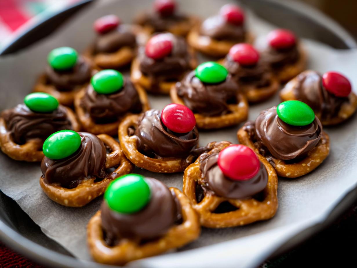 Close-up of Rolo Pretzel Bites with M&Ms, a quick and easy holiday treat.