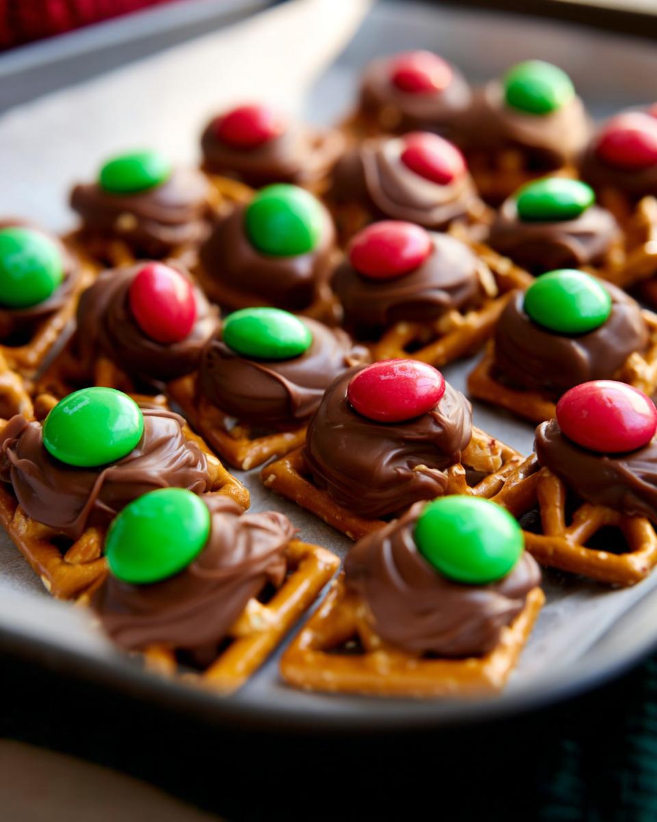 Close-up of Rolo Pretzel Bites with M&Ms, featuring chocolate-covered pretzels topped with M&Ms.