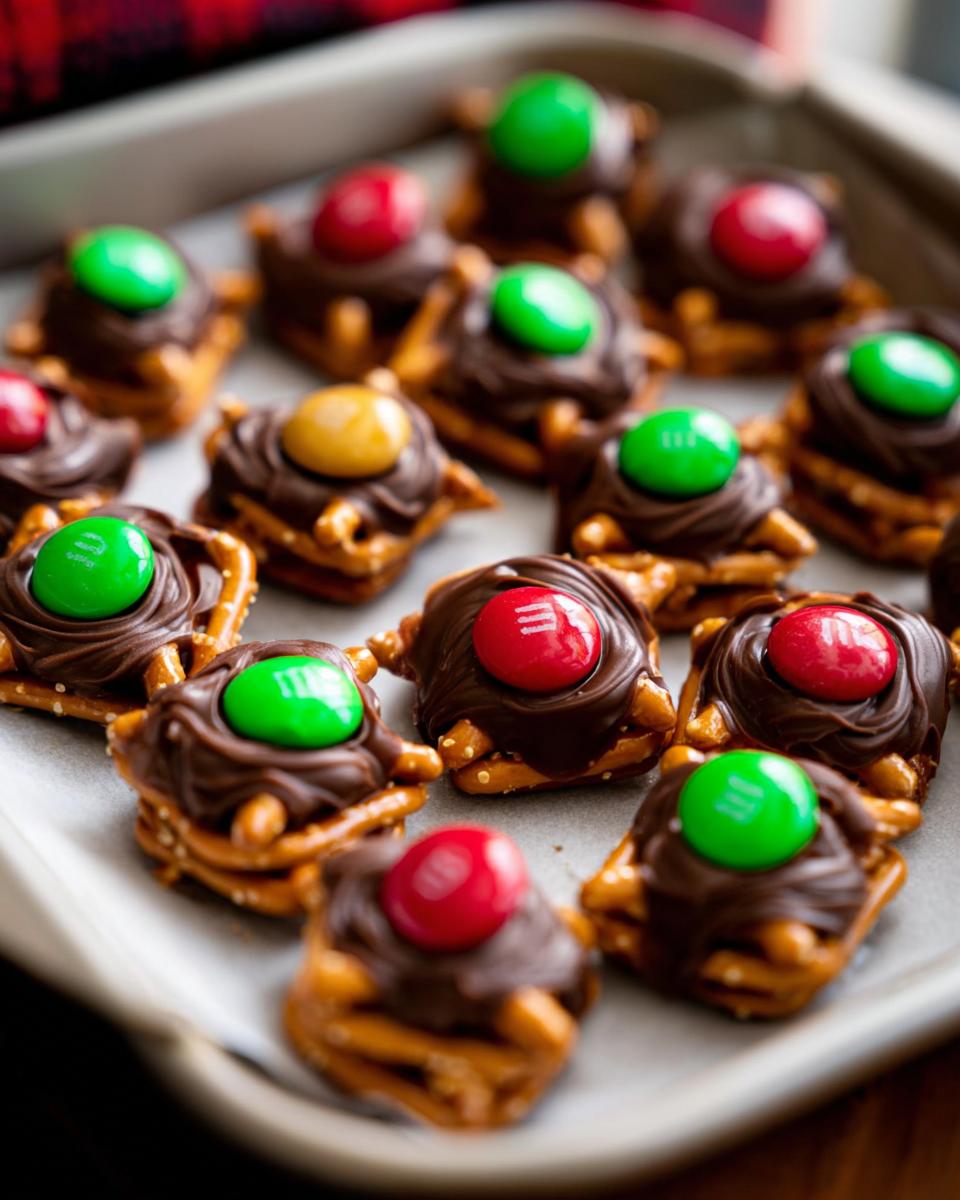 A close-up shot of numerous Rolo Pretzel Bites with M&Ms arranged on a baking sheet, ready to be baked.