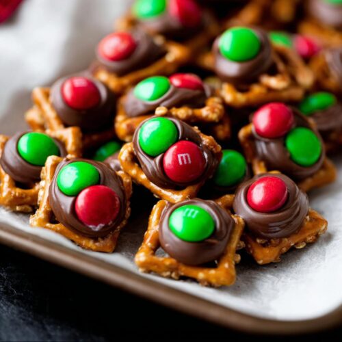 Close-up of Rolo Pretzel Bites with M&Ms, featuring chocolate-covered pretzels topped with red and green M&Ms.